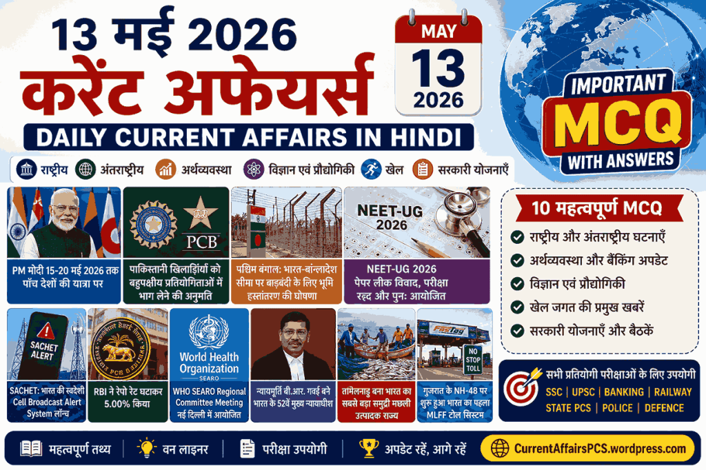 13 मई 2026 करेंट अफेयर्स इन हिंदी – Daily Current Affairs Quiz