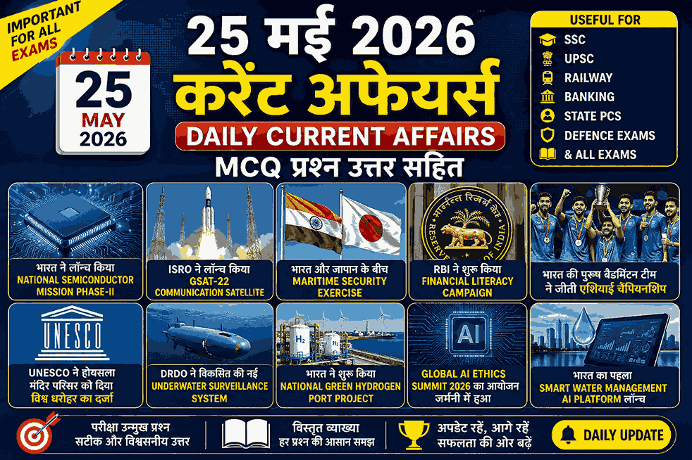 25 मई 2026 करेंट अफेयर्स इन हिंदी – Important Current Affairs MCQ