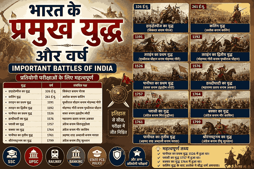 भारत के प्रमुख युद्ध और वर्ष – Important Battles of India in Hindi