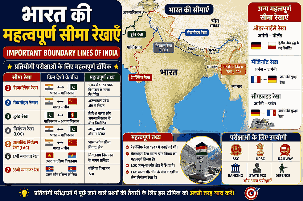भारत की महत्वपूर्ण सीमा रेखाएँ – Important Boundary Lines of India in Hindi