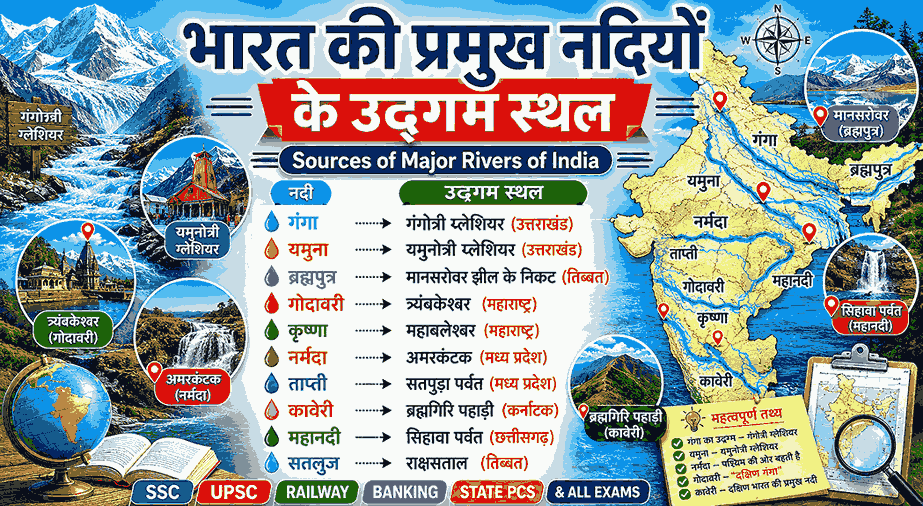 भारत की प्रमुख नदियों के उद्गम स्थल – Sources of Major Rivers of India in Hindi