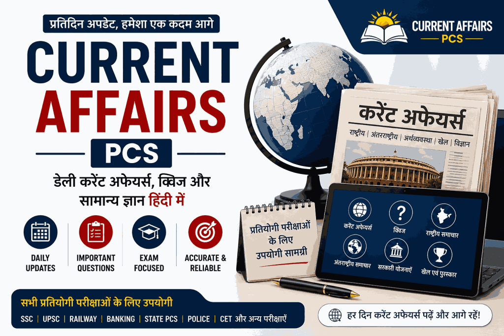 Current Affairs PCS होमपेज बैनर – हिंदी में डेली करेंट अफेयर्स, क्विज और प्रतियोगी परीक्षा तैयारी
