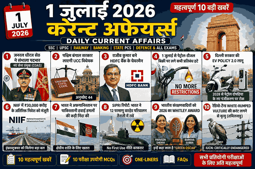 1 जुलाई 2026 करेंट अफेयर्स – Daily Current Affairs in Hindi | जनरल धीरज सेठ, UCC, HDFC Bank, NIIF, EV Policy 2.0, SIPRI, Whitley Award