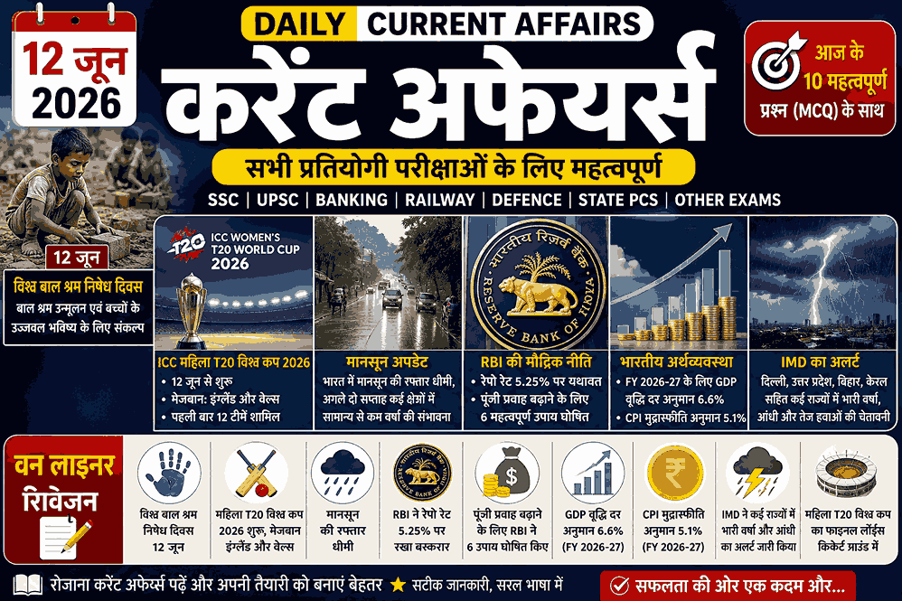 12 June 2026 Current Affairs – विश्व बाल श्रम निषेध दिवस, ICC महिला T20 विश्व कप 2026, RBI रेपो रेट, मानसून अपडेट और महत्वपूर्ण राष्ट्रीय-अंतरराष्ट्रीय समाचार
