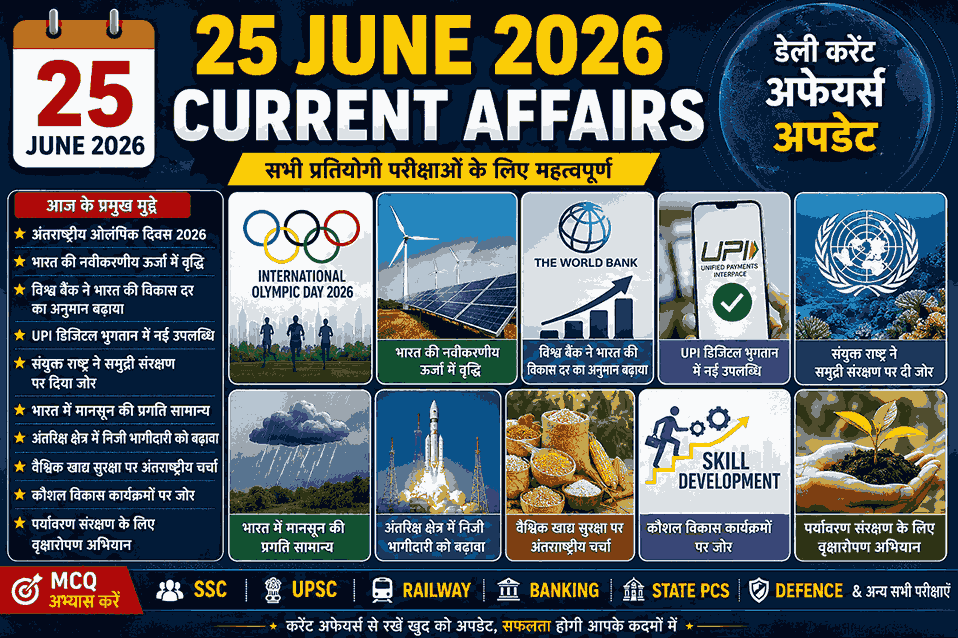 25 June 2026 Current Affairs in Hindi – ओलंपिक दिवस, नवीकरणीय ऊर्जा, UPI डिजिटल भुगतान, विश्व बैंक रिपोर्ट और महत्वपूर्ण करेंट अफेयर्स MCQ