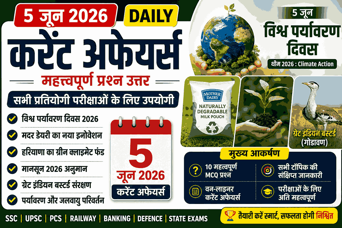 5 जून 2026 करेंट अफेयर्स – World Environment Day 2026, Climate Action Theme, Daily Current Affairs MCQ in Hindi