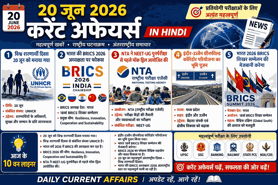 20 जून 2026 करेंट अफेयर्स हिंदी इन्फोग्राफिक जिसमें विश्व शरणार्थी दिवस, BRICS 2026, NTA मॉक ड्रिल और महत्वपूर्ण राष्ट्रीय-अंतरराष्ट्रीय घटनाएं शामिल हैं
