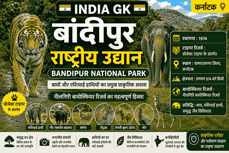 Bandipur National Park (बांदीपुर राष्ट्रीय उद्यान) – कर्नाटक का प्रसिद्ध टाइगर रिजर्व, एशियाई हाथियों और नीलगिरि बायोस्फीयर रिजर्व के लिए प्रसिद्ध राष्ट्रीय उद्यान