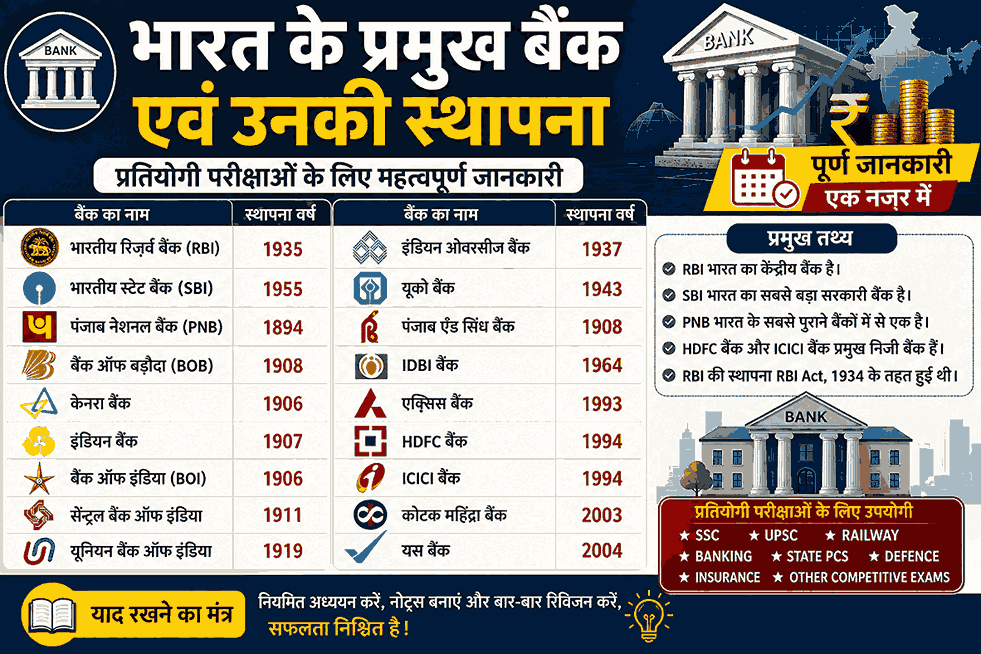 भारत के प्रमुख बैंक एवं उनकी स्थापना वर्ष – Major Banks of India and Their Establishment in Hindi