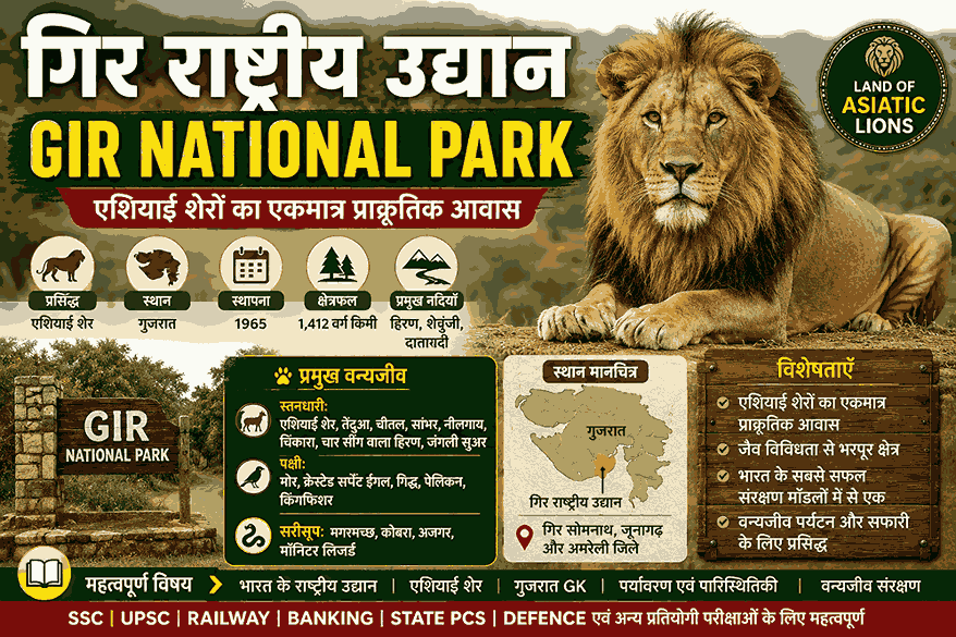 गिर राष्ट्रीय उद्यान (Gir National Park)– गुजरात में स्थित एशियाई शेरों का एकमात्र प्राकृतिक आवास और भारत का प्रसिद्ध वन्यजीव संरक्षण क्षेत्र