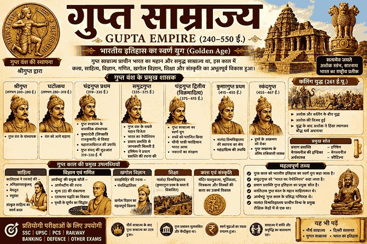 गुप्त साम्राज्य – चंद्रगुप्त प्रथम, समुद्रगुप्त, विक्रमादित्य, कालिदास, आर्यभट्ट और भारत के स्वर्ण युग से संबंधित महत्वपूर्ण इतिहास जीके