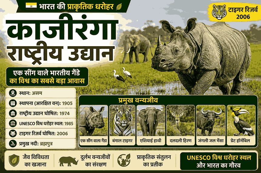 काजीरंगा राष्ट्रीय उद्यान – असम में स्थित UNESCO विश्व धरोहर स्थल और एक सींग वाले भारतीय गैंडे के लिए प्रसिद्ध राष्ट्रीय उद्यान