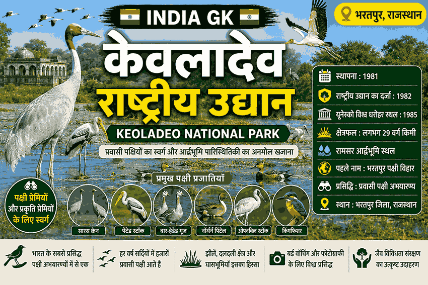 Keoladeo National Park (केवलादेव राष्ट्रीय उद्यान) – राजस्थान के भरतपुर में स्थित विश्व प्रसिद्ध पक्षी अभयारण्य, यूनेस्को विश्व धरोहर स्थल और प्रवासी पक्षियों का प्रमुख आवास