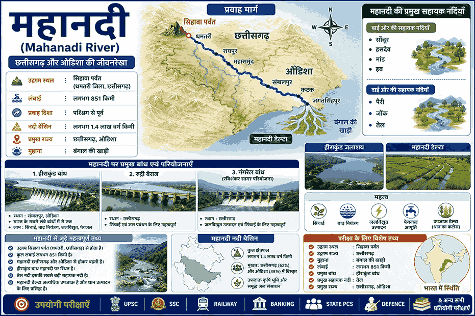महानदी का मानचित्र, सिहावा पर्वत उद्गम, हीराकुंड बांध और प्रमुख सहायक नदियाँ