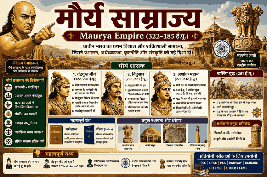 मौर्य साम्राज्य – चंद्रगुप्त मौर्य, बिंदुसार, अशोक महान, कलिंग युद्ध और मौर्य प्रशासन से संबंधित महत्वपूर्ण इतिहास जीके