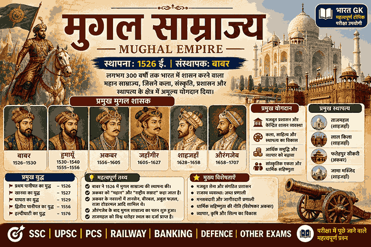 मुगल साम्राज्य – बाबर, अकबर, जहाँगीर, शाहजहाँ और औरंगज़ेब से संबंधित महत्वपूर्ण भारतीय इतिहास जीके