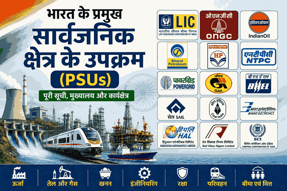 भारत के प्रमुख सार्वजनिक क्षेत्र के उपक्रम (PSUs) जैसे ONGC, NTPC, BHEL, SAIL, GAIL और LIC की सूची
