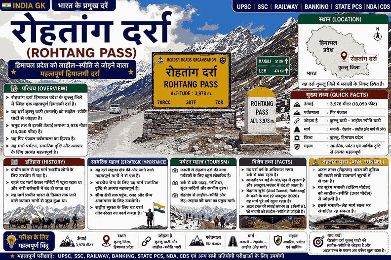 रोहतांग दर्रा, हिमाचल प्रदेश में स्थित कुल्लू और लाहौल-स्पीति को जोड़ने वाले हिमालयी दर्रे का शैक्षिक इन्फोग्राफिक