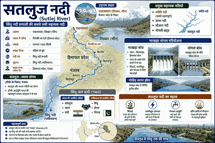 सतलुज नदी का मानचित्र, राक्षसताल उद्गम, भाखड़ा नांगल बांध और गोविंद सागर झील