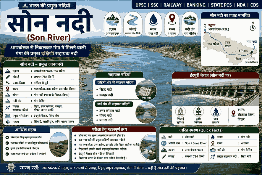 सोन नदी का उद्गम, प्रवाह मार्ग और प्रमुख सहायक नदियों का शैक्षिक इन्फोग्राफिक