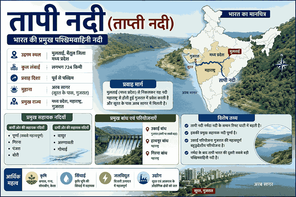 तापी नदी का मानचित्र, उद्गम स्थल मुलताई, प्रमुख सहायक नदियाँ और उकाई बांध