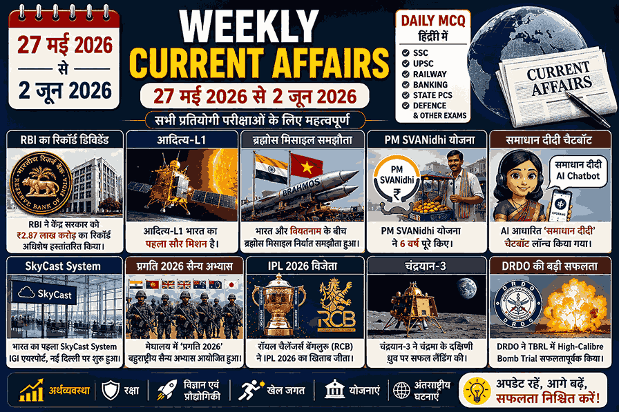 Weekly Current Affairs 27 May to 2 June 2026 in Hindi
