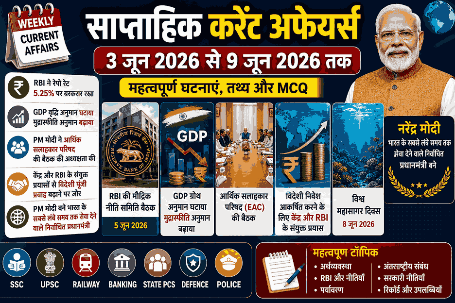 3 June to 9 June 2026 weekly Current Affairs, RBI रेपो रेट, GDP अनुमान, नरेंद्र मोदी रिकॉर्ड, विदेशी निवेश और विश्व महासागर दिवस से जुड़े महत्वपूर्ण तथ्य