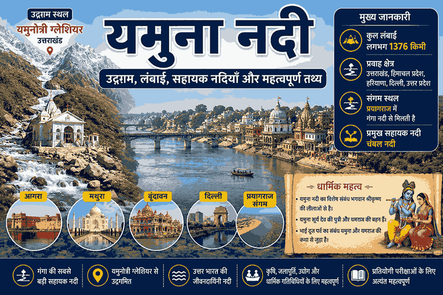 यमुना नदी – यमुनोत्री ग्लेशियर से निकलने वाली गंगा की सबसे बड़ी सहायक नदी, उद्गम, लंबाई, सहायक नदियाँ और महत्वपूर्ण तथ्य