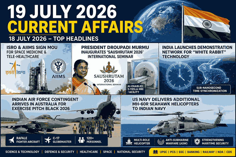 19 July 2026 Current Affairs in Hindi – ISRO-AIIMS Space Medicine MoU, Saushrutam 2026, White Rabbit Technology, Exercise Pitch Black 2026, MH-60R Seahawk | Daily Current Affairs