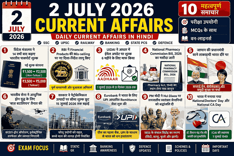 2 July 2026 Current Affairs in Hindi – Daily Current Affairs for SSC, UPSC, Railway, Banking, State PCS and Defence Exams