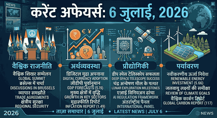 6 जुलाई 2026 करेंट अफेयर्स – Quantum Secure Communication Gateway (QSCG), National Blue Carbon Policy, BRICS+ New Delhi Declaration, RBI DLT Framework, आत्मनिर्भर युवा कौशल योजना, CASA Ratio, Offshore Trough एवं बुलेट ट्रेन परियोजना | SSC, UPSC, Railway, Banking, PCS