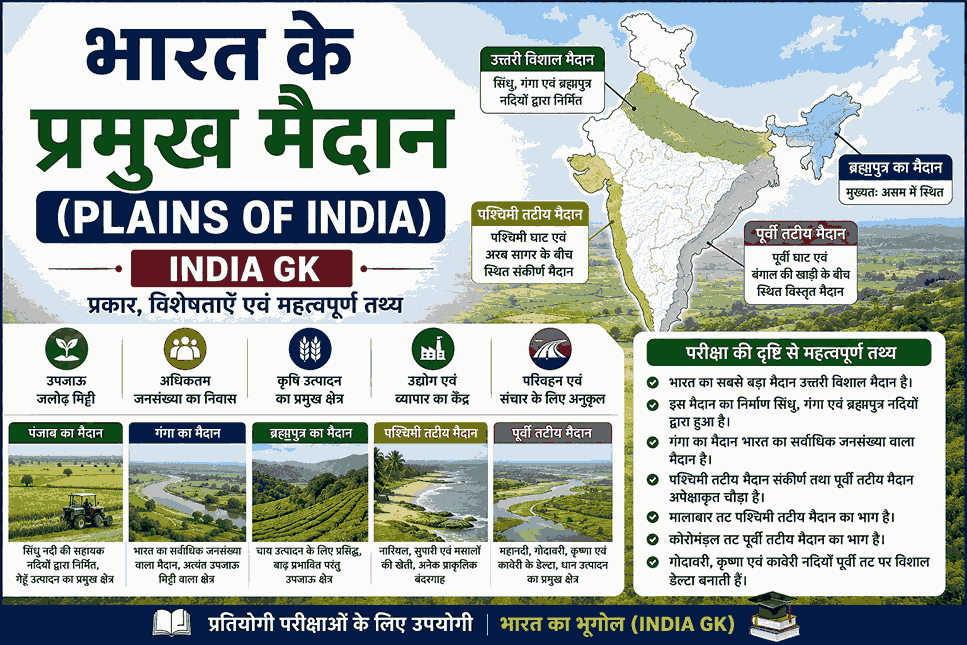 भारत के प्रमुख मैदान (Plains of India) – उत्तरी विशाल मैदान, पश्चिमी तटीय मैदान, पूर्वी तटीय मैदान एवं ब्रह्मपुत्र मैदान
