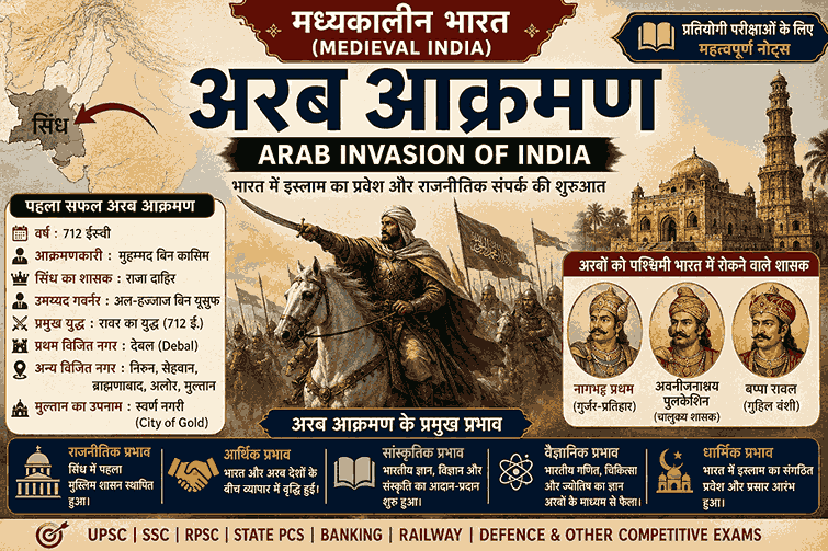 अरब आक्रमण (Arab Invasion of India) | मध्यकालीन भारत (Medieval India) | मुहम्मद बिन कासिम, सिंध विजय 712 ई., राजा दाहिर, देबल, मुल्तान, उमय्यद खिलाफत, नागभट्ट प्रथम, बप्पा रावल | UPSC, SSC, RPSC, State PCS History Notes