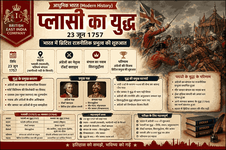 प्लासी का युद्ध (Battle of Plassey 1757) | आधुनिक भारत (Modern India GK) | रॉबर्ट क्लाइव, सिराजुद्दौला, मीर जाफर, प्लासी का युद्ध 1757, ब्रिटिश ईस्ट इंडिया कंपनी, UPSC SSC RPSC History Notes