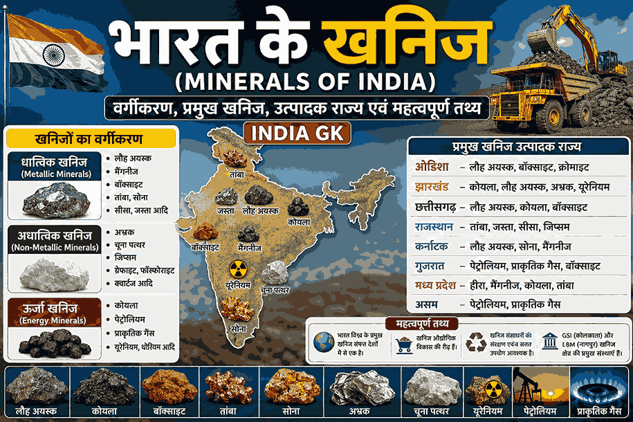 भारत के खनिज (Minerals of India) – धात्विक, अधात्विक एवं ऊर्जा खनिज, प्रमुख खनिज उत्पादक राज्य, लौह अयस्क, कोयला, बॉक्साइट, पेट्रोलियम, प्राकृतिक गैस, यूरेनियम एवं भारत का खनिज मानचित्र | India GK