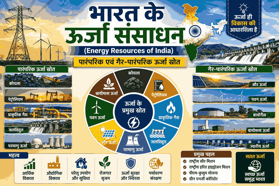 भारत के ऊर्जा संसाधन (Energy Resources of India) – पारंपरिक एवं गैर-पारंपरिक ऊर्जा स्रोत, कोयला, पेट्रोलियम, प्राकृतिक गैस, जलविद्युत, परमाणु ऊर्जा, सौर ऊर्जा, पवन ऊर्जा, राष्ट्रीय ऊर्जा मिशन एवं भारत की प्रमुख ऊर्जा परियोजनाएँ
