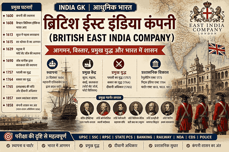 ब्रिटिश ईस्ट इंडिया कंपनी (British East India Company) – आधुनिक भारत (Modern India GK) | स्थापना 1600, भारत में आगमन, प्लासी का युद्ध, बक्सर का युद्ध, दीवानी अधिकार, प्रमुख गवर्नर-जनरल | UPSC, SSC, RPSC History Notes