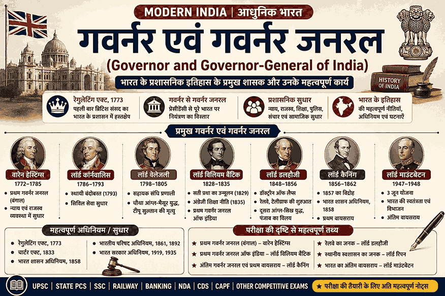 Governor and Governor General Notes in Hindi | गवर्नर एवं गवर्नर जनरल | वारेन हेस्टिंग्स, लॉर्ड विलियम बैंटिक, लॉर्ड डलहौजी, लॉर्ड कैनिंग | Modern India | UPSC, SSC, Railway, Banking, RPSC, State PCS