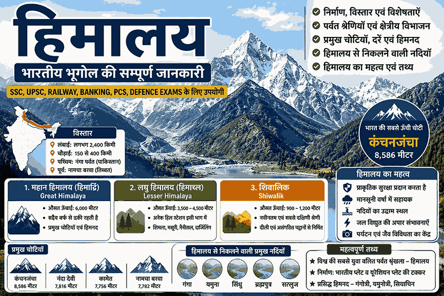हिमालय (Himalaya) भारतीय भूगोल नोट्स – हिमालय का निर्माण, विस्तार, पर्वत श्रेणियाँ, प्रमुख चोटियाँ, हिमालय से निकलने वाली नदियाँ | SSC, UPSC, Railway, PCS