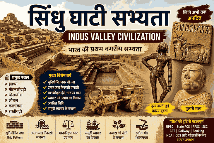 सिंधु घाटी सभ्यता (Indus Valley Civilization) – हड़प्पा, मोहनजोदड़ो, धोलावीरा, लोथल, कालीबंगा, राखीगढ़ी, नगर नियोजन, प्रमुख स्थल एवं महत्वपूर्ण तथ्य | India History | Ancient India GK