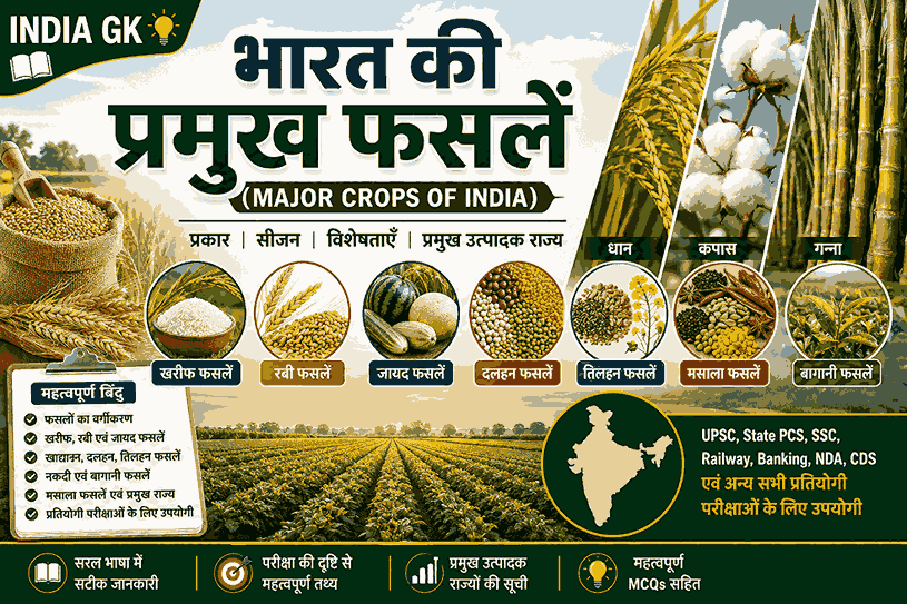 भारत की प्रमुख फसलें (Major Crops of India) – खरीफ, रबी और जायद फसलें, नकदी फसलें, बागानी फसलें, मसाला फसलें एवं प्रमुख उत्पादक राज्य