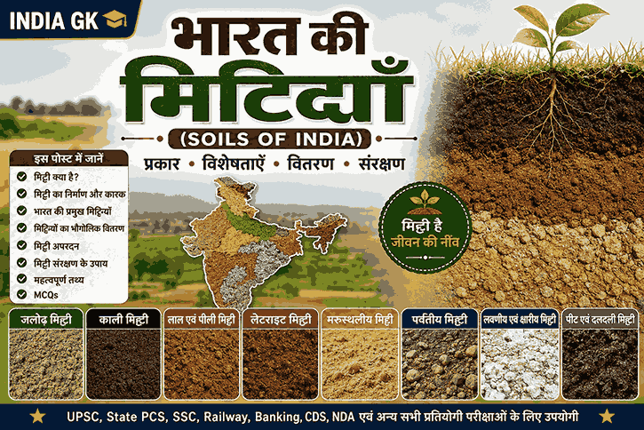 भारत की मिट्टियाँ (Soils of India) – जलोढ़, काली, लाल एवं पीली, लेटराइट, मरुस्थलीय, पर्वतीय, लवणीय एवं पीट मिट्टी का प्रकार, वितरण और विशेषताएँ