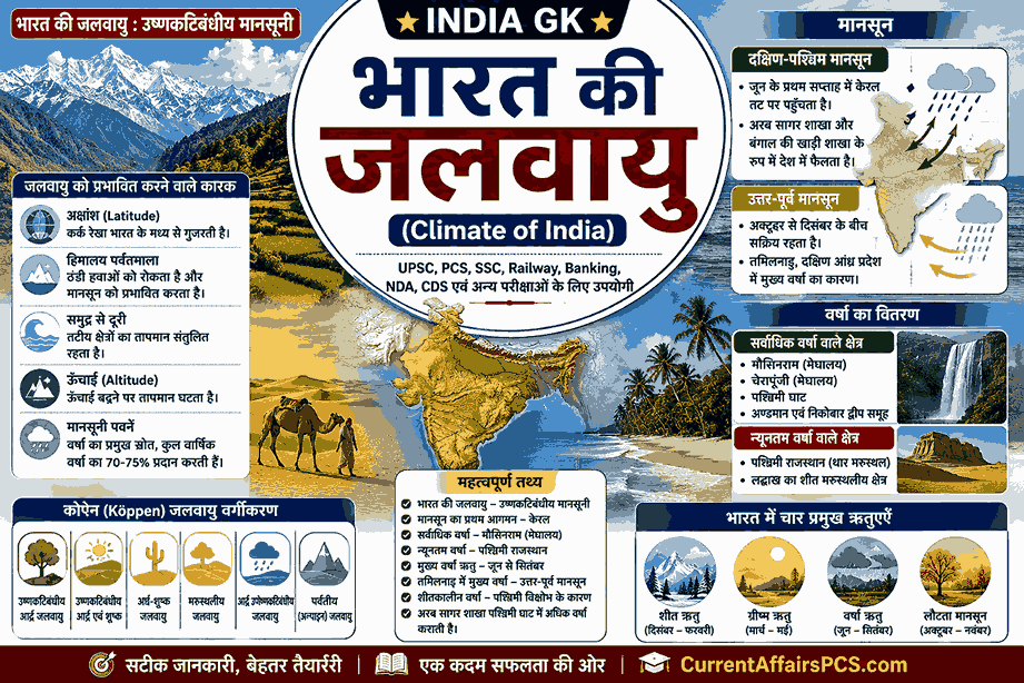 भारत की जलवायु, भारतीय मानसून, वर्षा वितरण, कोपेन जलवायु वर्गीकरण एवं भारतीय भूगोल – India GK प्रतियोगी परीक्षाओं के लिए महत्वपूर्ण