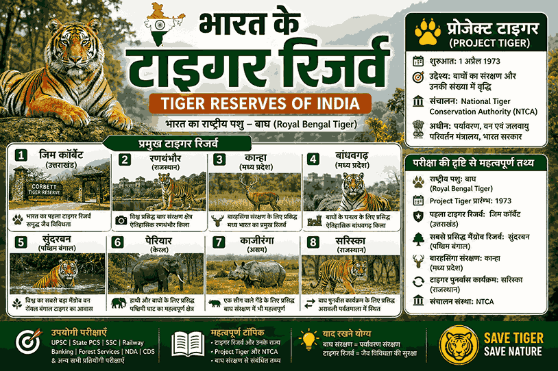 भारत के प्रमुख टाइगर रिजर्व – Project Tiger, NTCA एवं India GK प्रतियोगी परीक्षाओं के लिए महत्वपूर्ण