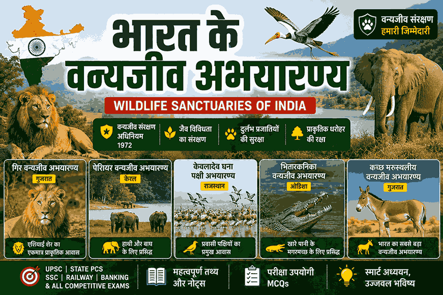 भारत के प्रमुख वन्यजीव अभयारण्य (Wildlife Sanctuaries of India) – India GK, प्रमुख अभयारण्य, वन्यजीव संरक्षण अधिनियम 1972 एवं प्रतियोगी परीक्षाओं के लिए महत्वपूर्ण जानकारी