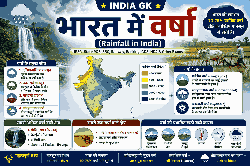 भारत में वर्षा, दक्षिण-पश्चिम मानसून, उत्तर-पूर्व मानसून, वर्षा के प्रकार एवं वर्षा वितरण – India GK प्रतियोगी परीक्षाओं के लिए महत्वपूर्ण